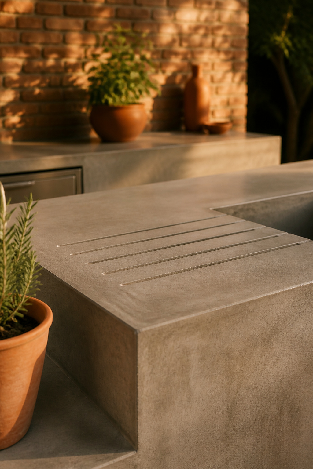 Custom poured concrete outdoor kitchen countertop with integrated drainboard and terracotta planter accent