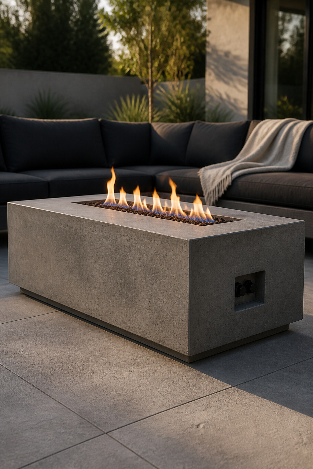 Rectangular GFRC propane fire table with blue and amber flame on a concrete paver patio flanked by a charcoal outdoor sectional