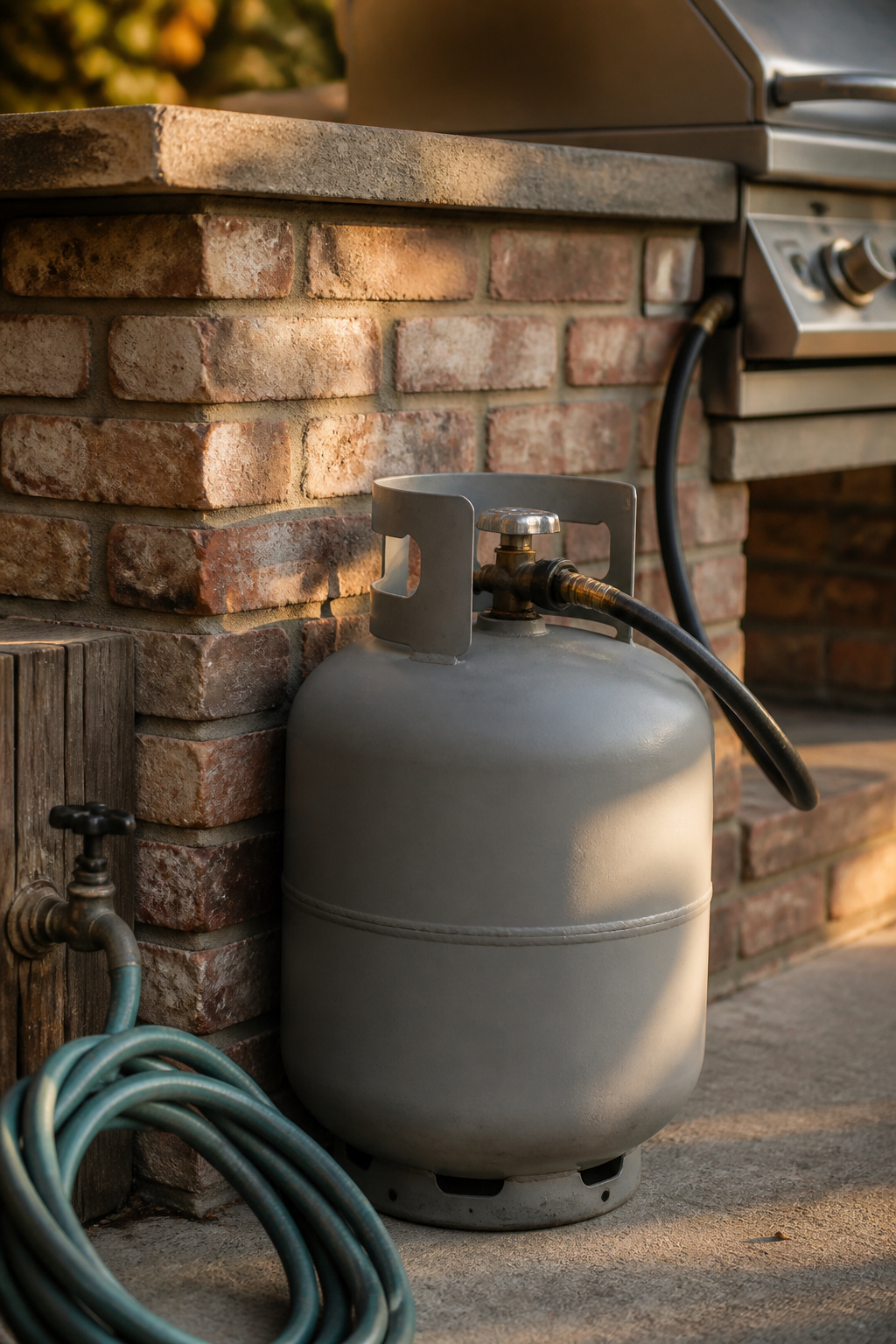 Propane tank connected to a built-in outdoor grill with a coiled garden hose near a spigot