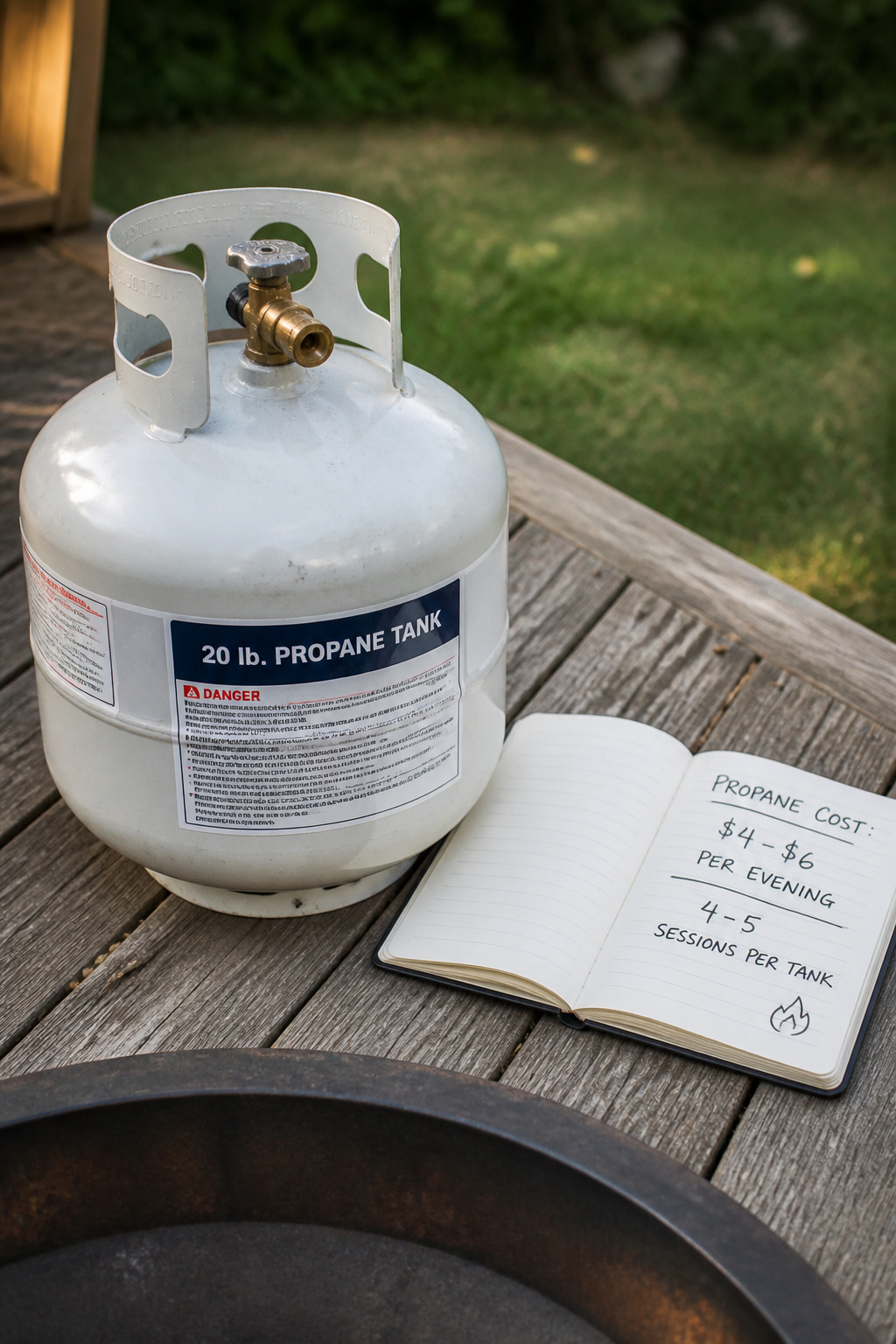 A 20-lb propane tank beside a notebook showing fire pit running cost calculations on a backyard deck