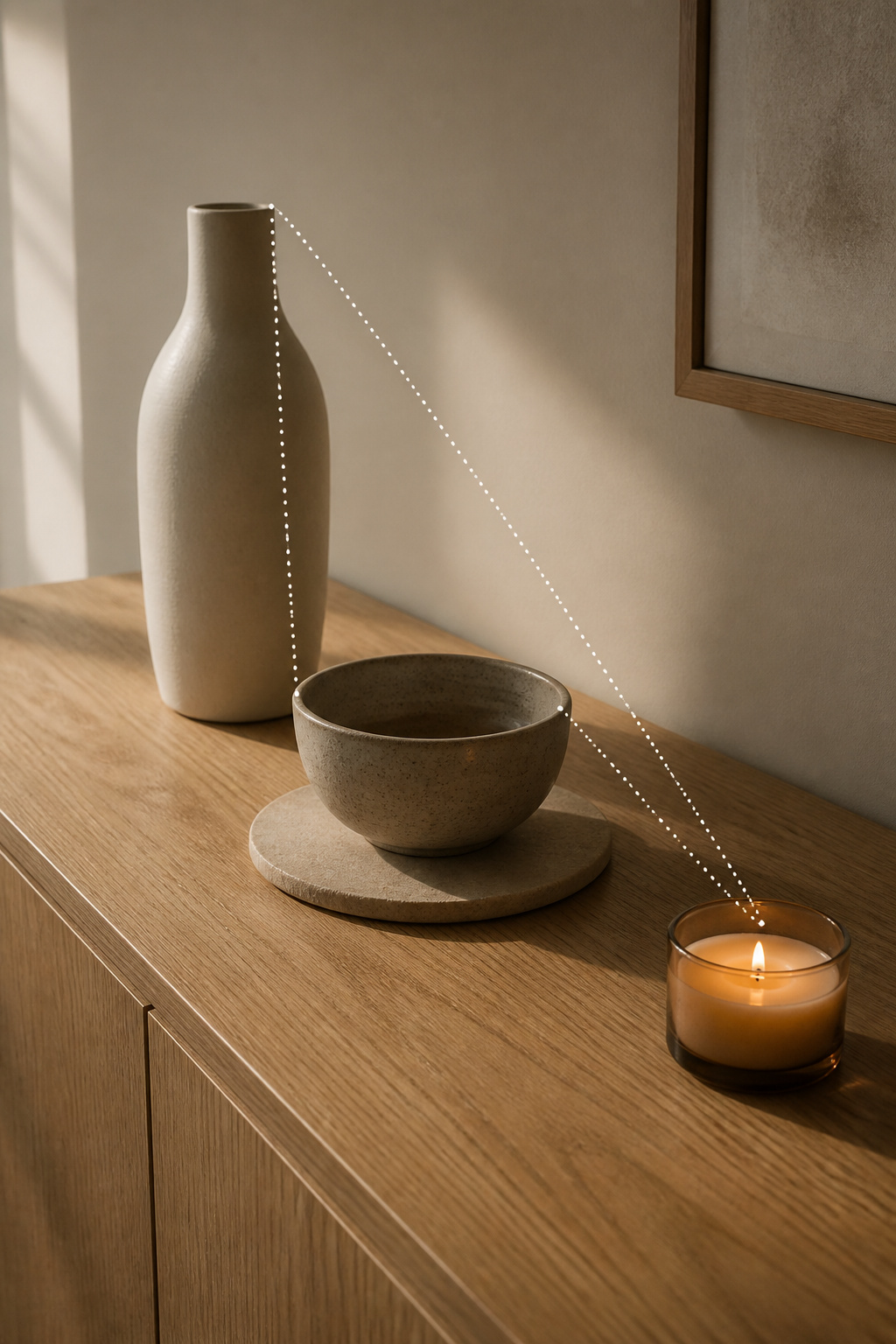 Narrow oak sideboard showing three-tier height arrangement with tall vase, medium bowl, and low candle forming an asymmetric triangle composition