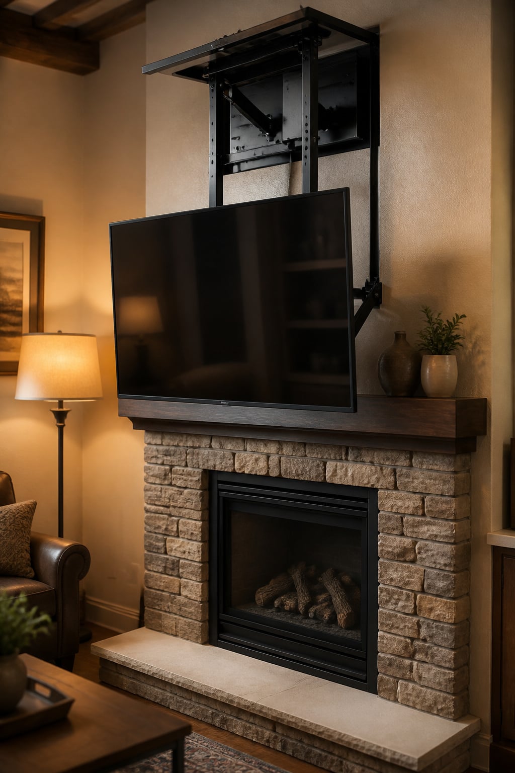 Pull-down TV mount extended to viewing height above a stone fireplace surround with the screen angled naturally toward sofa level