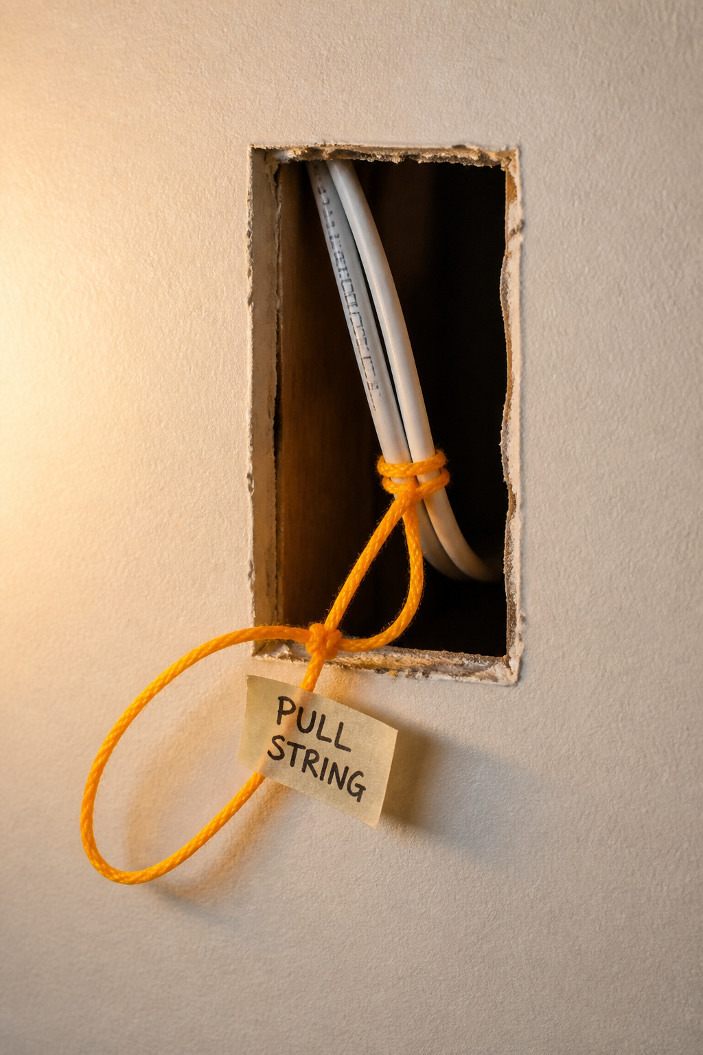 In-wall cable installation with a bright yellow pull string tied alongside CL2 HDMI cables entering a drywall opening