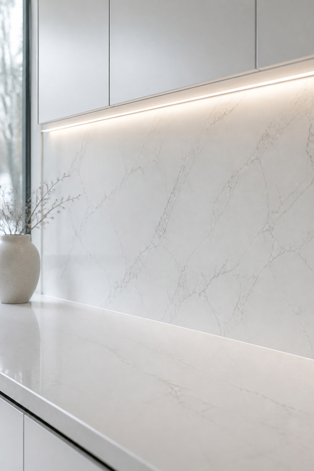 Seamless quartz slab backsplash running continuously from countertop to underside of upper cabinets with no grout lines
