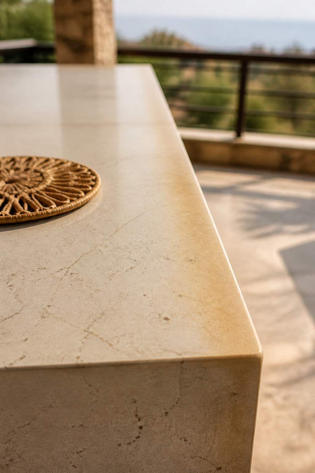 Close-up of a quartz outdoor countertop edge showing yellow discoloration from prolonged UV exposure