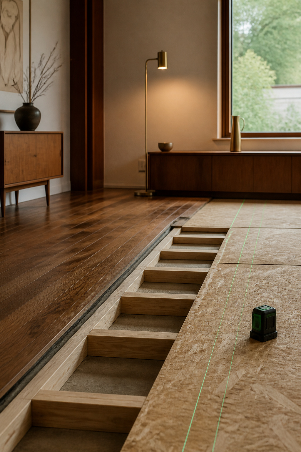 Sleeper-framed subfloor being built up to raise a sunken living room floor level with the adjoining walnut flooring