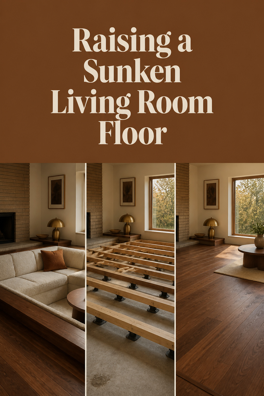 Pinterest collage showing a sunken living room step edge, sleeper framing mid-installation, and a finished level walnut floor