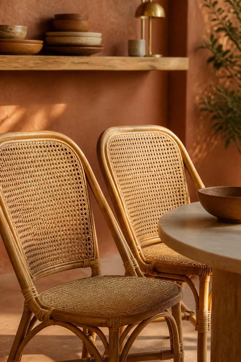 Open-frame rattan dining chairs beside a small table, with a floating wood shelf of stacked ceramics replacing a sideboard