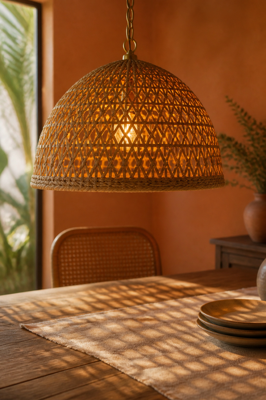 Open-weave rattan pendant light hanging above a wooden boho dining table, casting dappled shadow patterns