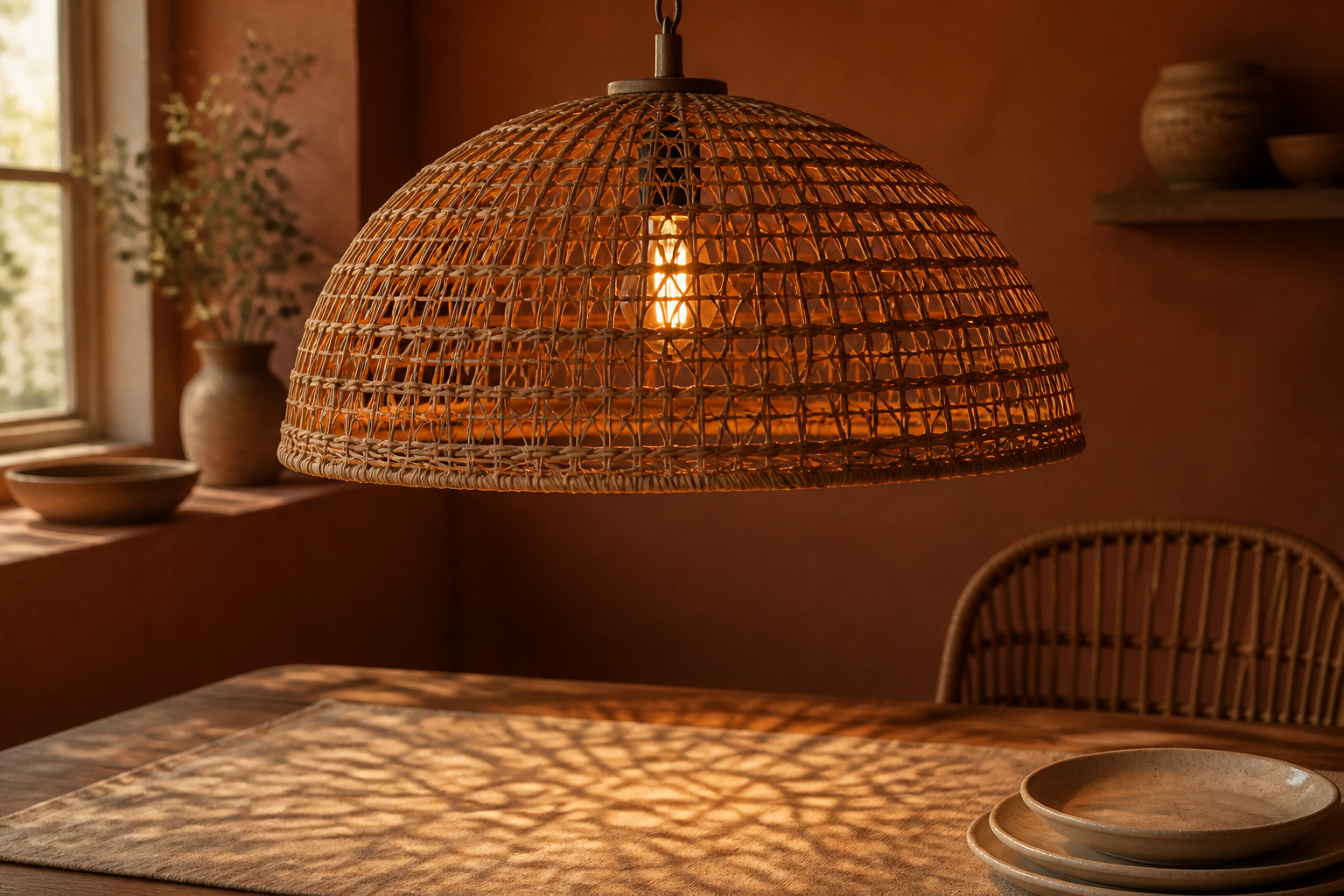 Open-weave rattan pendant light hanging above a wooden boho dining table, casting dappled shadow patterns