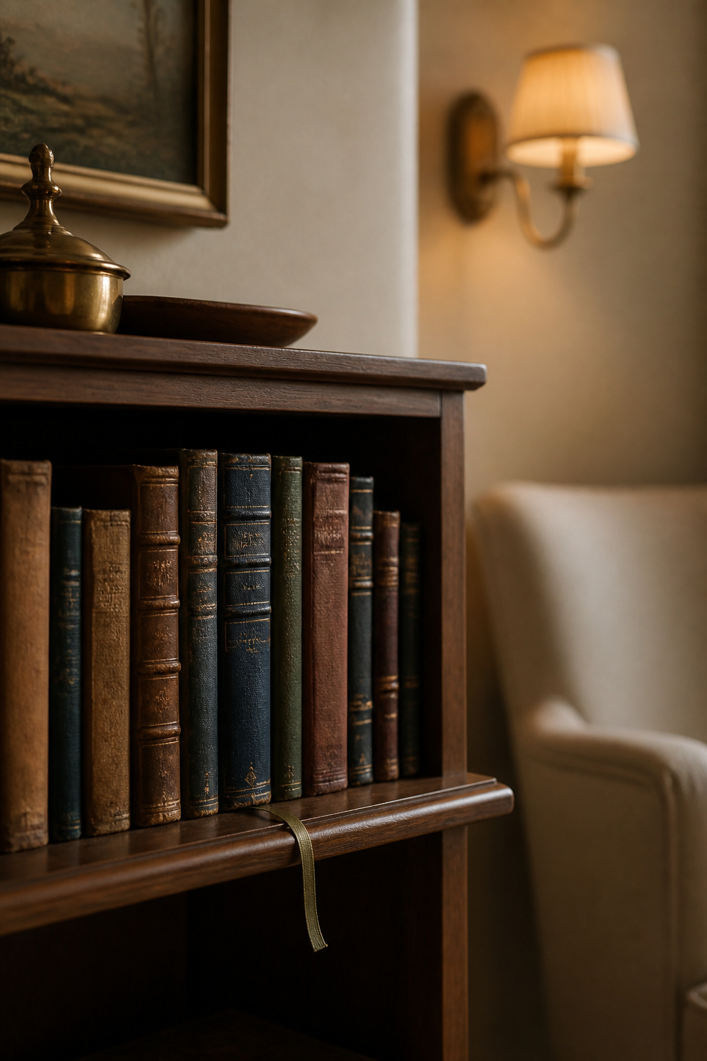 Low walnut bookshelf with a curated row of well-worn hardcover books beside a linen armchair