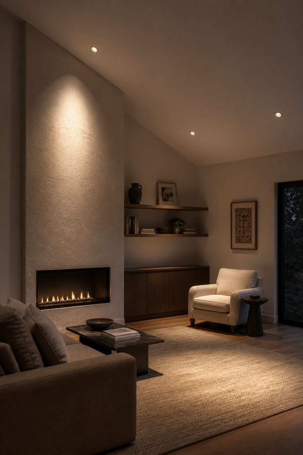 Three recessed gimbal lights on a sloped vaulted ceiling aimed perpendicular to the floor creating distinct warm light pools