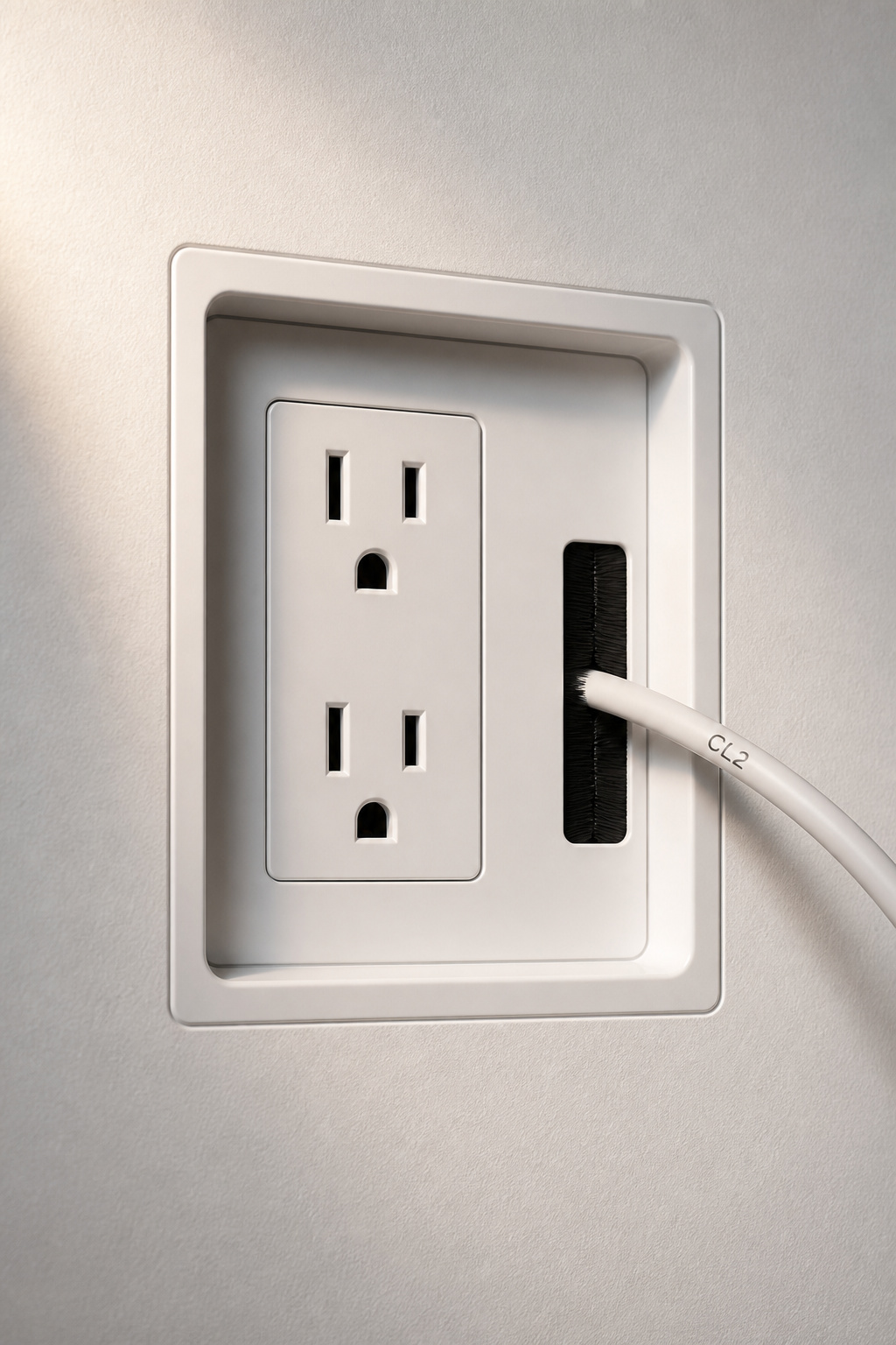 Recessed in-wall outlet plate mounted flush with drywall beside a CL2-marked HDMI cable entering a brush grommet