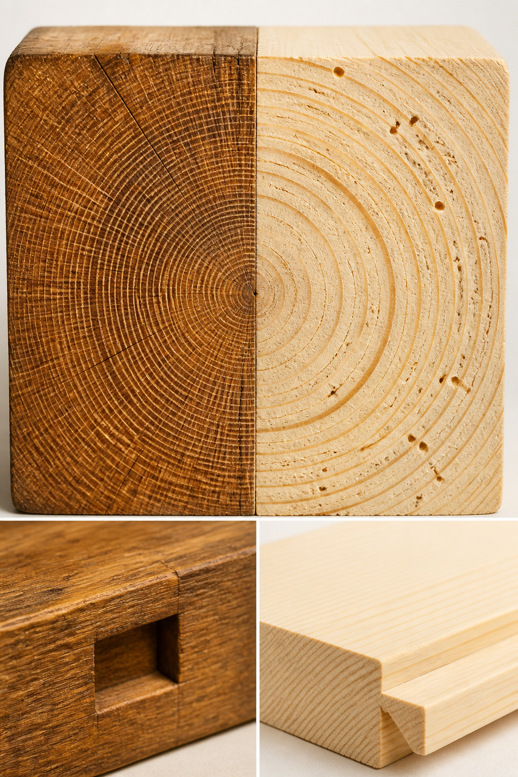 Side-by-side end-grain comparison of old-growth oak with tight rings versus plantation pine with wide rings, showing the structural difference between reclaimed and new distressed wood