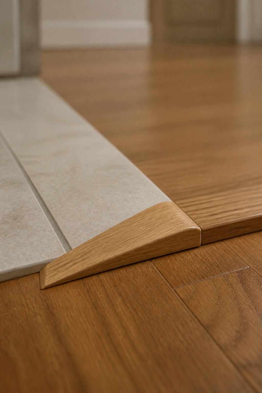 Oak reducer molding transitioning from a higher porcelain tile surface down to a lower hardwood floor