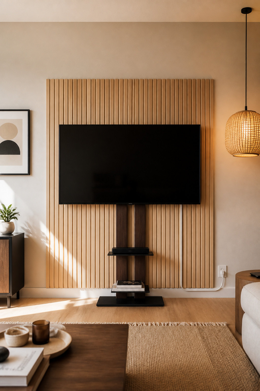 Renter-safe apartment TV wall with studless mount and removable peel-and-stick wood panel treatment, no drilling required