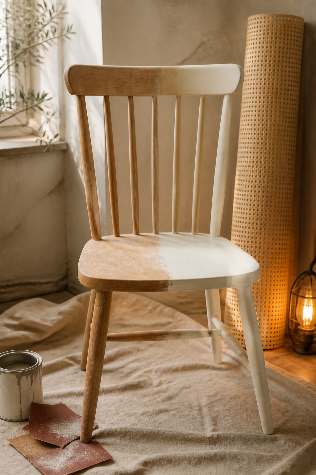 Thrifted wood dining chair halfway through sanding and painting with new cane webbing nearby