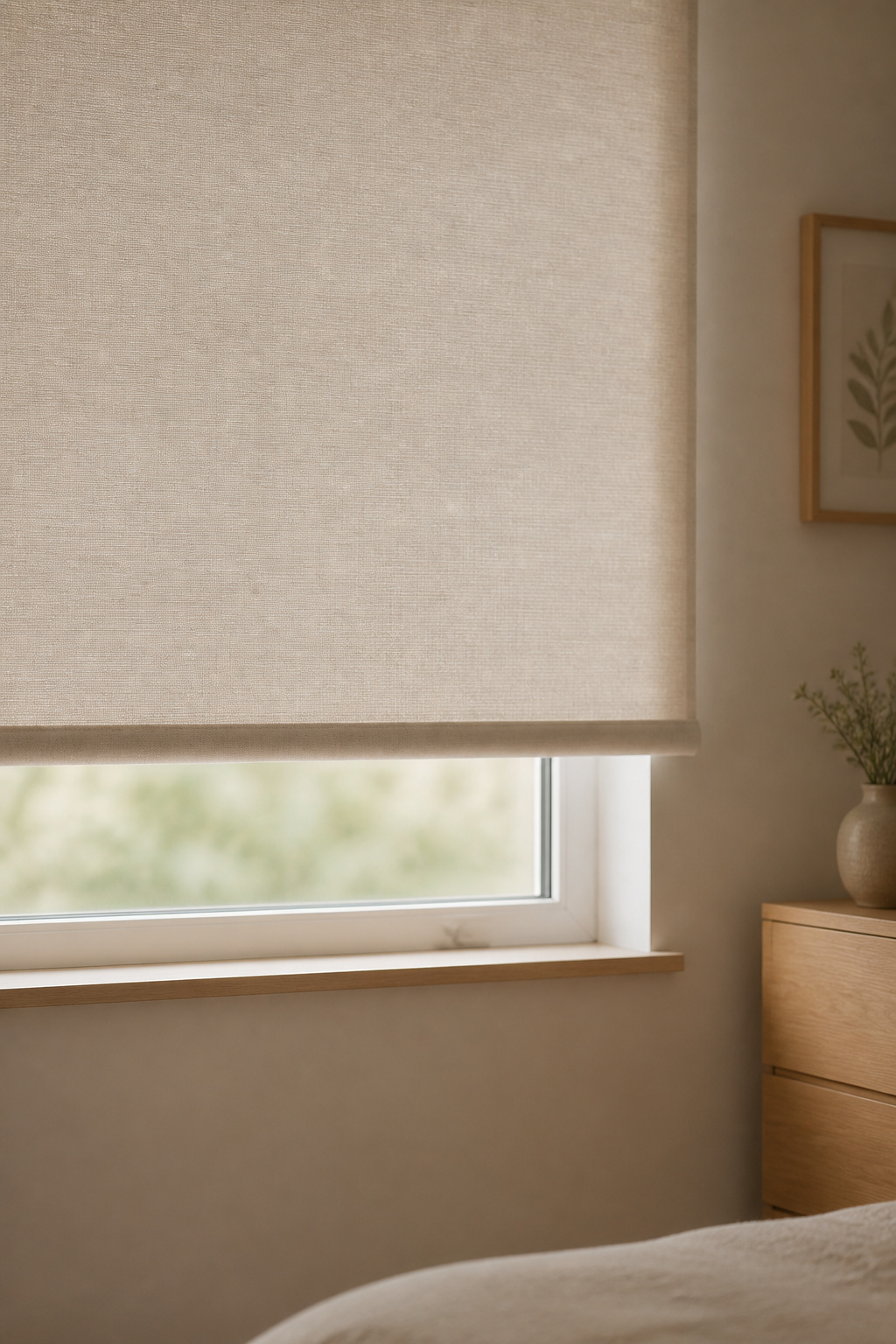 Low-profile oatmeal roller shade lowered halfway over a small bedroom window, a budget-friendly space-saving option