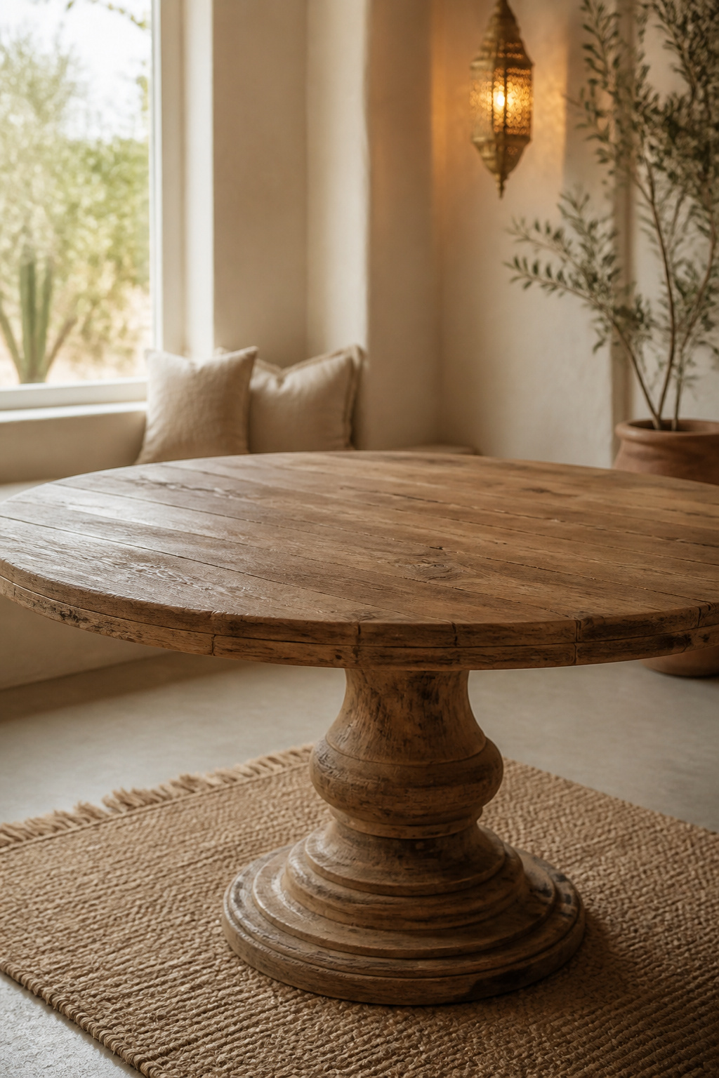 Round reclaimed-wood pedestal dining table sized for a small boho dining nook, set on a jute rug