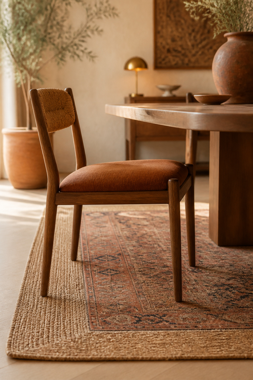 Dining chair pulled out from the table with all legs resting on a layered rug, showing correct clearance margin