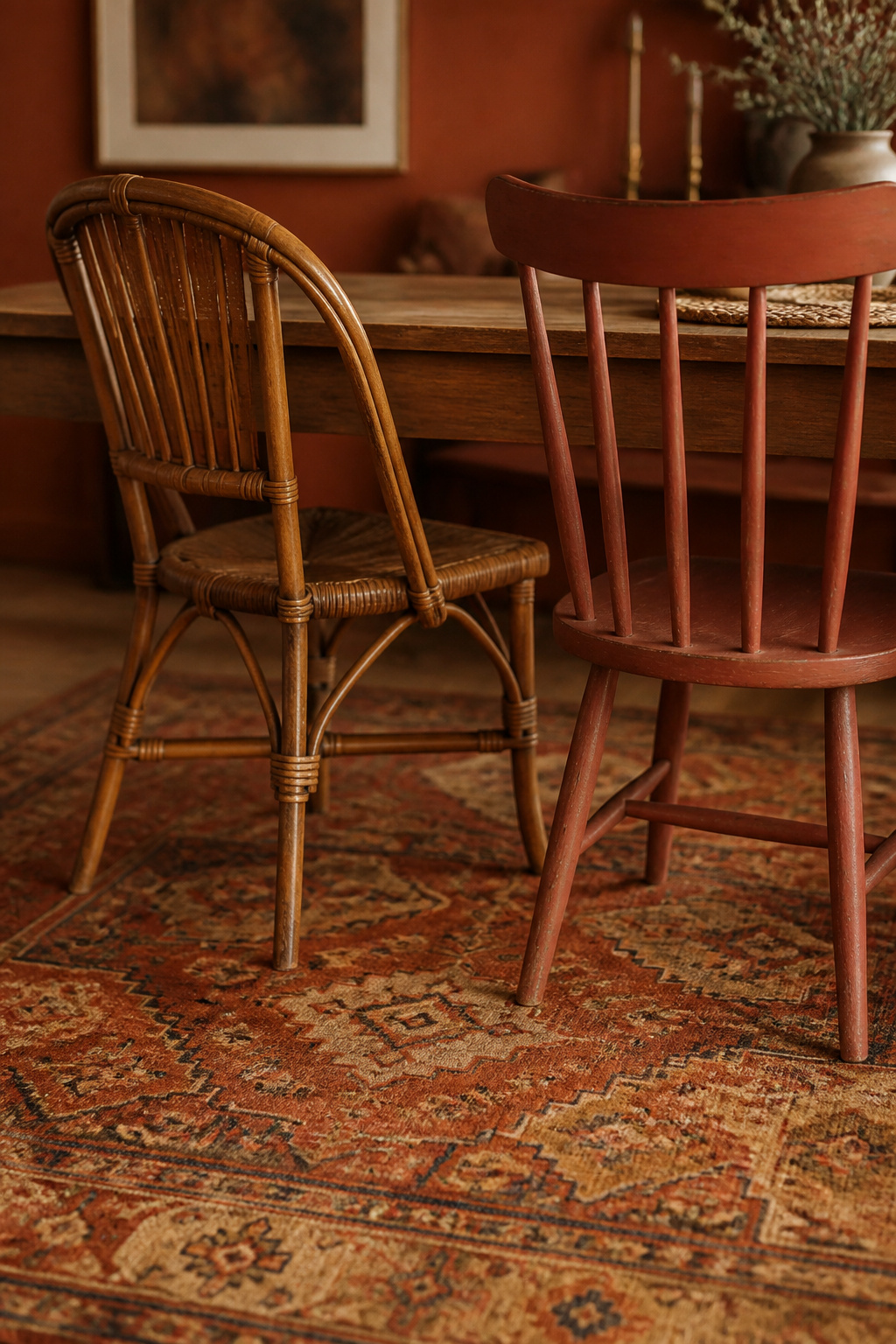 Layered rug in warm ochre and rust tones beneath mismatched rattan and painted wood dining chairs