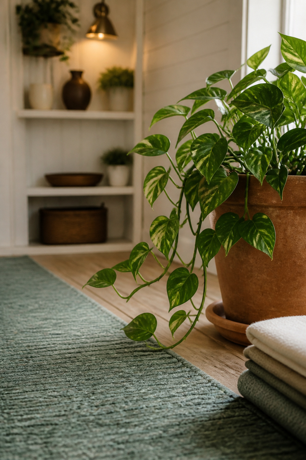 Muted teal runner rug placed beside a potted trailing plant with a waterproof saucer in a laundry room