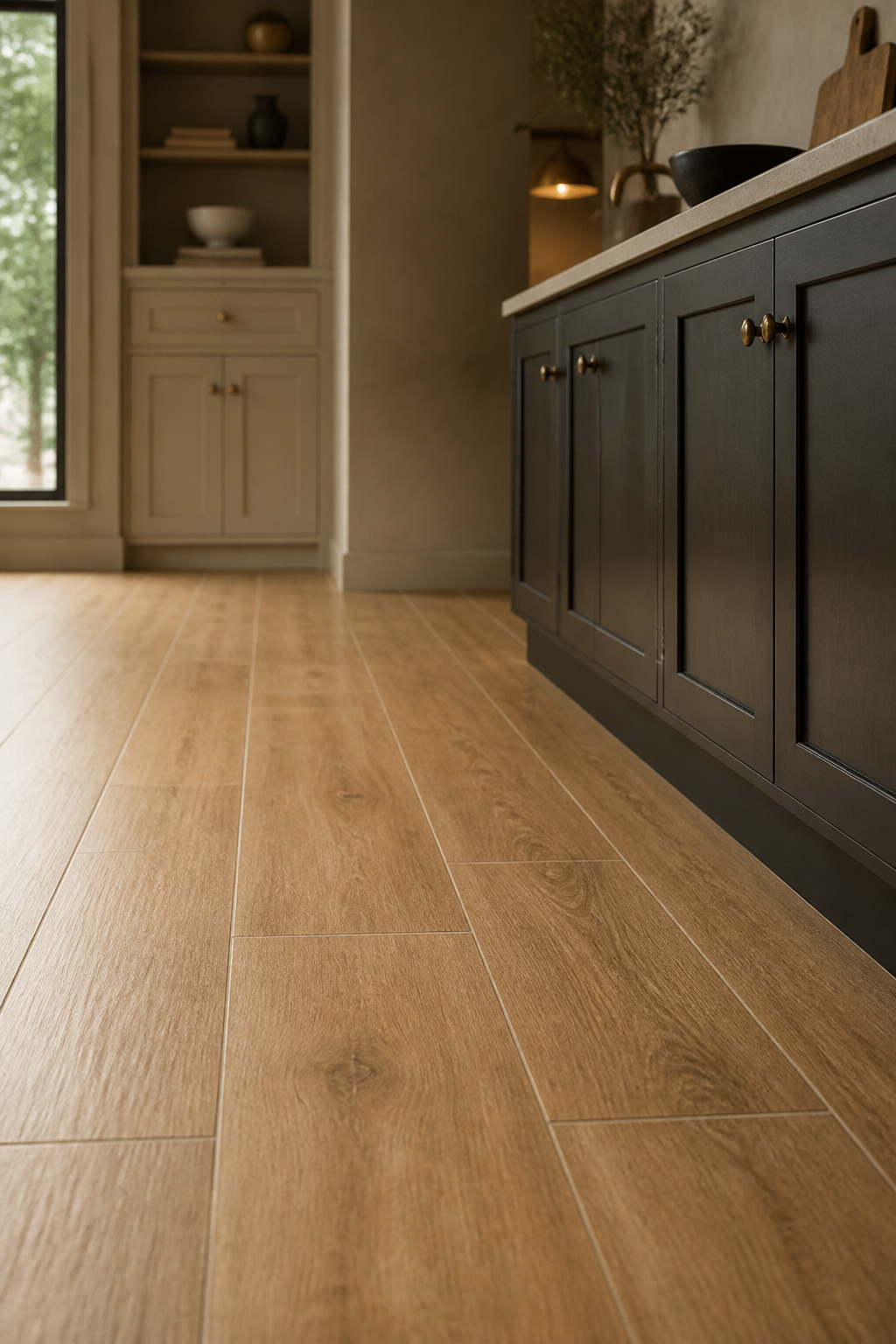 Running bond honey oak wood-look porcelain kitchen floor tile laid lengthwise against a straight cabinet run