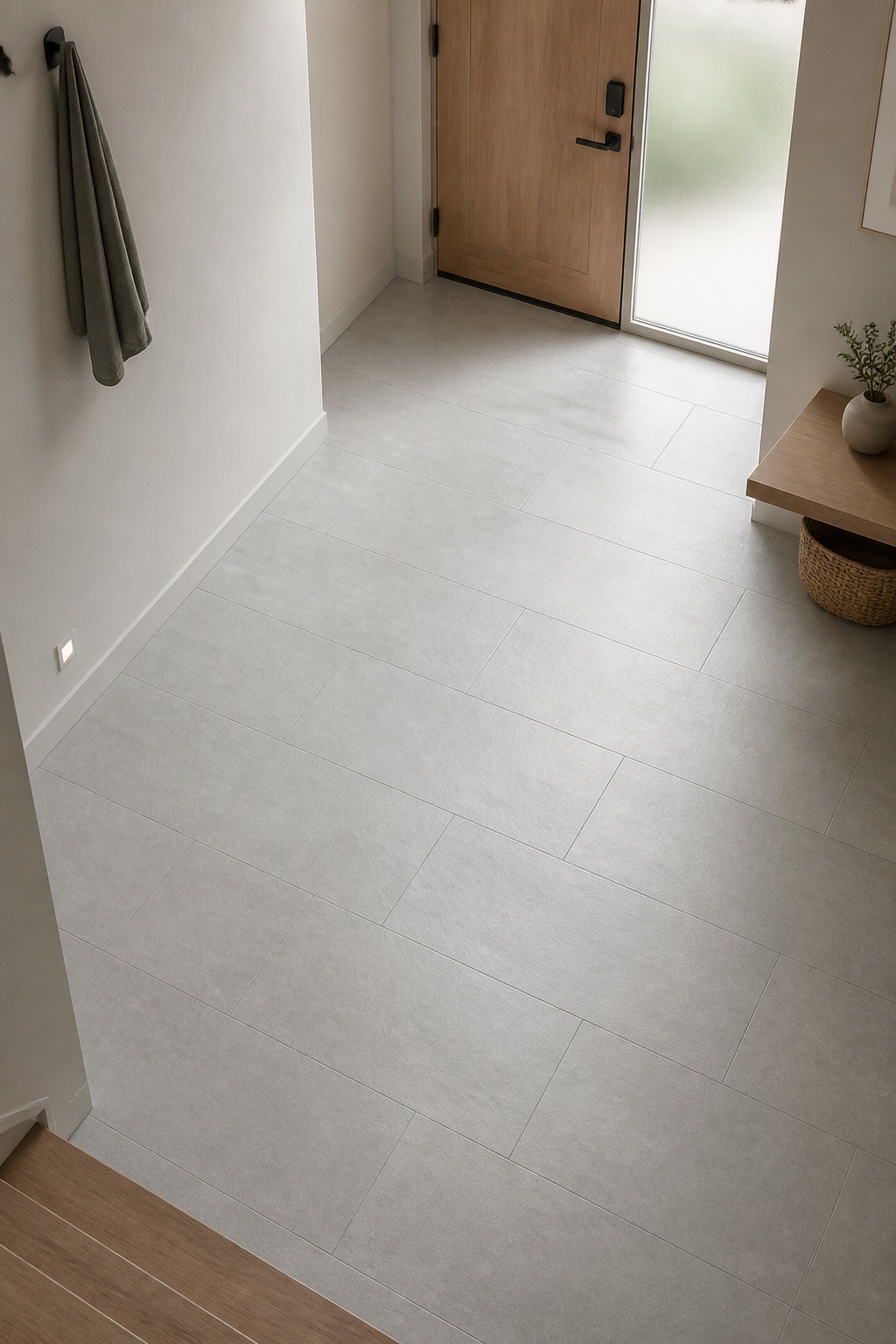 large-format light grey porcelain tiles in a 33% offset running bond pattern on a contemporary entry floor, subtle stone texture surface