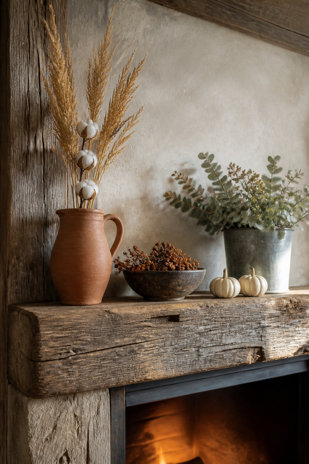 Rustic autumn mantel on reclaimed beam with terracotta jug holding dried wheat and cotton stems, dark stoneware bowl of dried berries, and galvanised bucket with dried eucalyptus and cream pumpkins