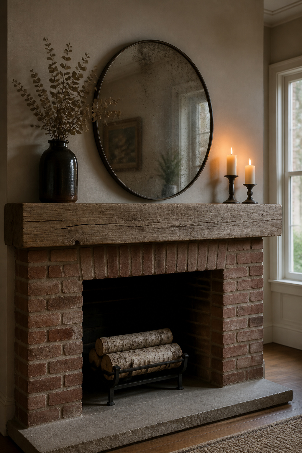 Reclaimed hand-hewn beam mantel above red-brick surround with large antique iron-framed mirror, dark stoneware vase with eucalyptus, and wrought-iron candlesticks; birch log stack on cast-iron holder in firebox below