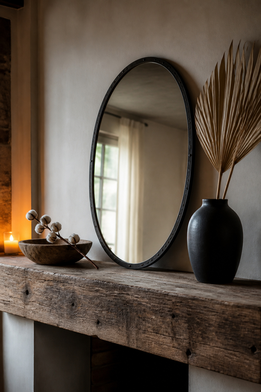 Curated rustic mantel on reclaimed beam with antique oval mirror, rough-hewn wooden bowl with cotton stem, and a contemporary matte-black studio ceramic vase — three objects, three eras, one clear visual hierarchy