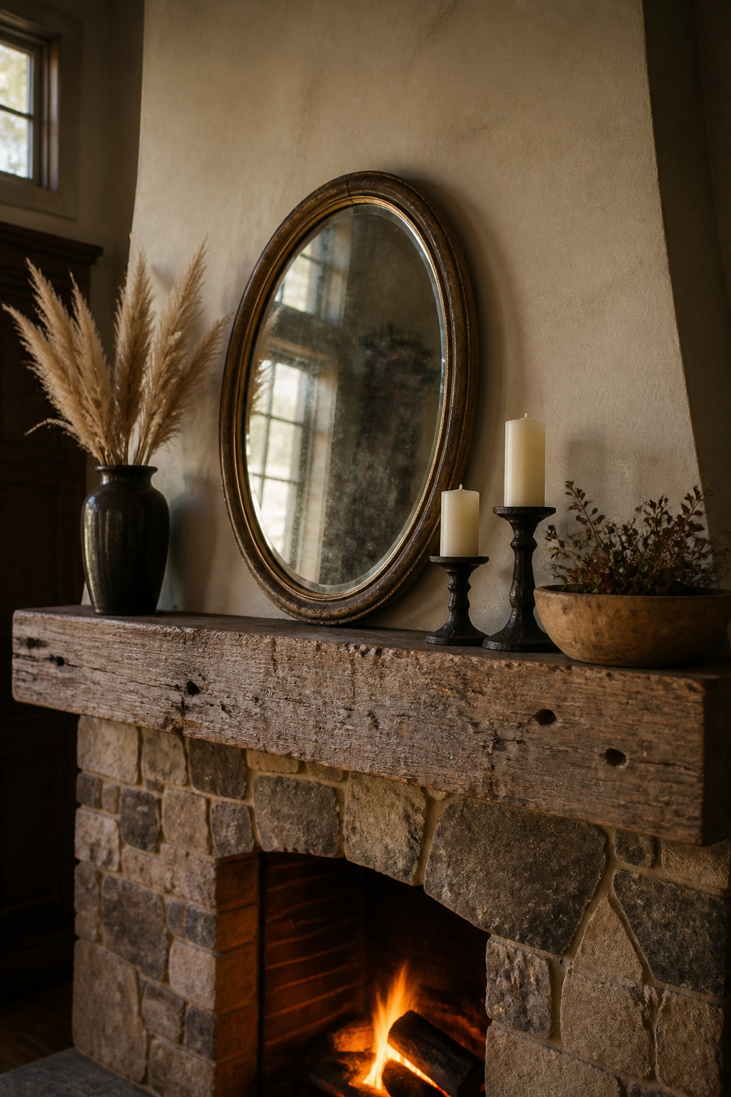 Reclaimed hand-hewn oak beam mantel with antique gilt mirror, dried pampas grass in dark stoneware vase, and wrought-iron candlesticks above a stone fireplace surround