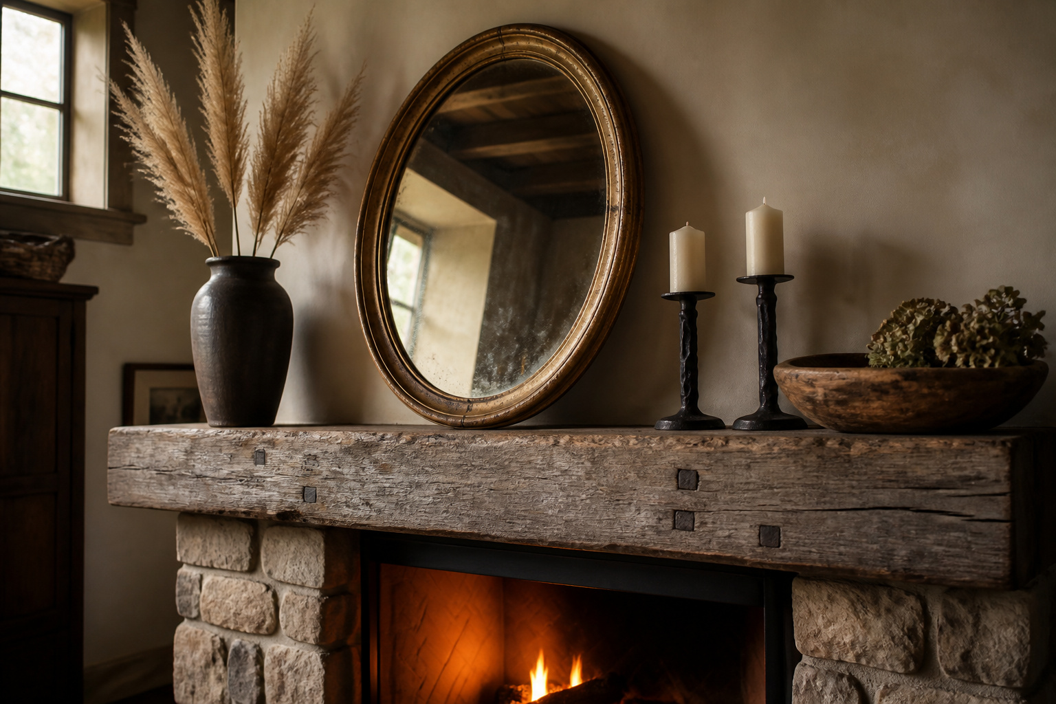 Reclaimed hand-hewn oak beam mantel with antique gilt mirror, dried pampas grass in dark stoneware vase, and wrought-iron candlesticks above a stone fireplace surround