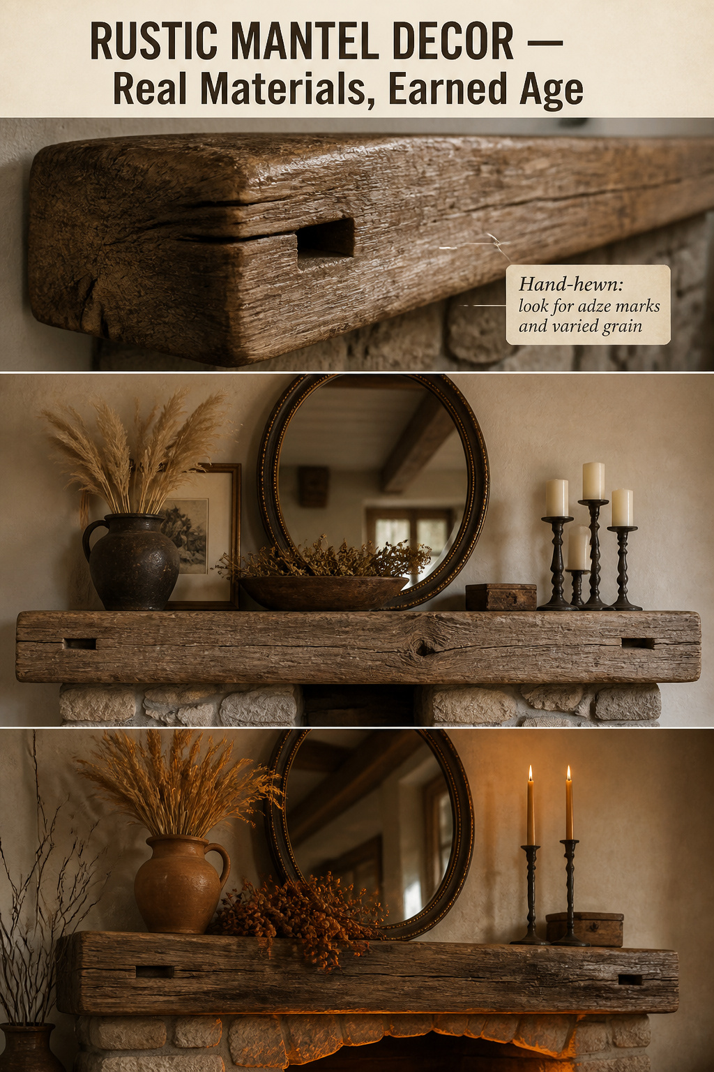 Pinterest guide to rustic mantel decor showing reclaimed beam detail with adze marks, a styled mantel vignette with antique mirror and pampas grass, and an autumn version with dried wheat and iron candleholders