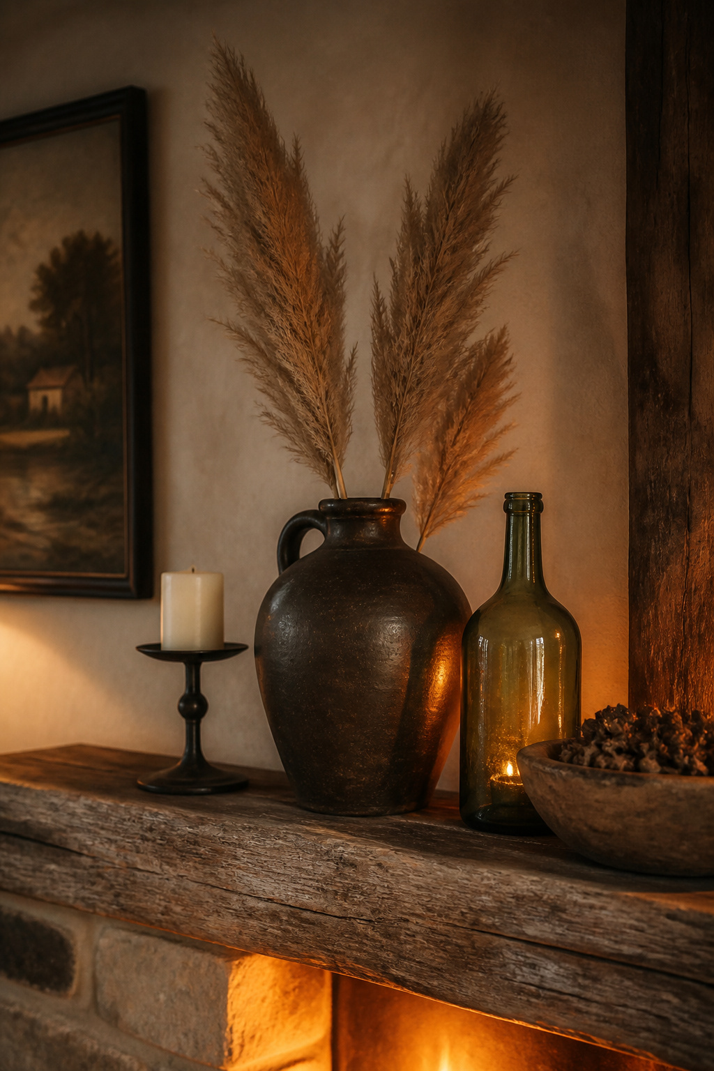 Rustic mantel styling vignette on a reclaimed beam — dark stoneware jug with pampas grass, wrought-iron candlestick, vintage green glass bottle, and wooden bowl with dried seed pods showing layered height variation