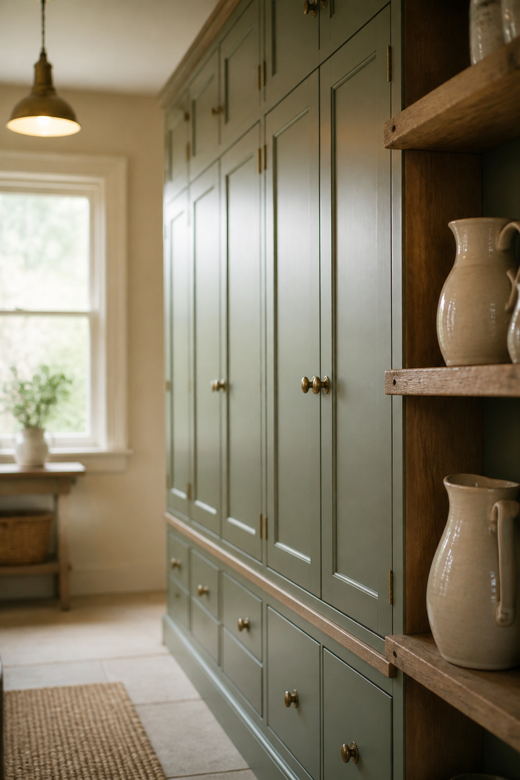 Sage-green painted shaker kitchen cabinets with brass hardware and a reclaimed pine open shelf