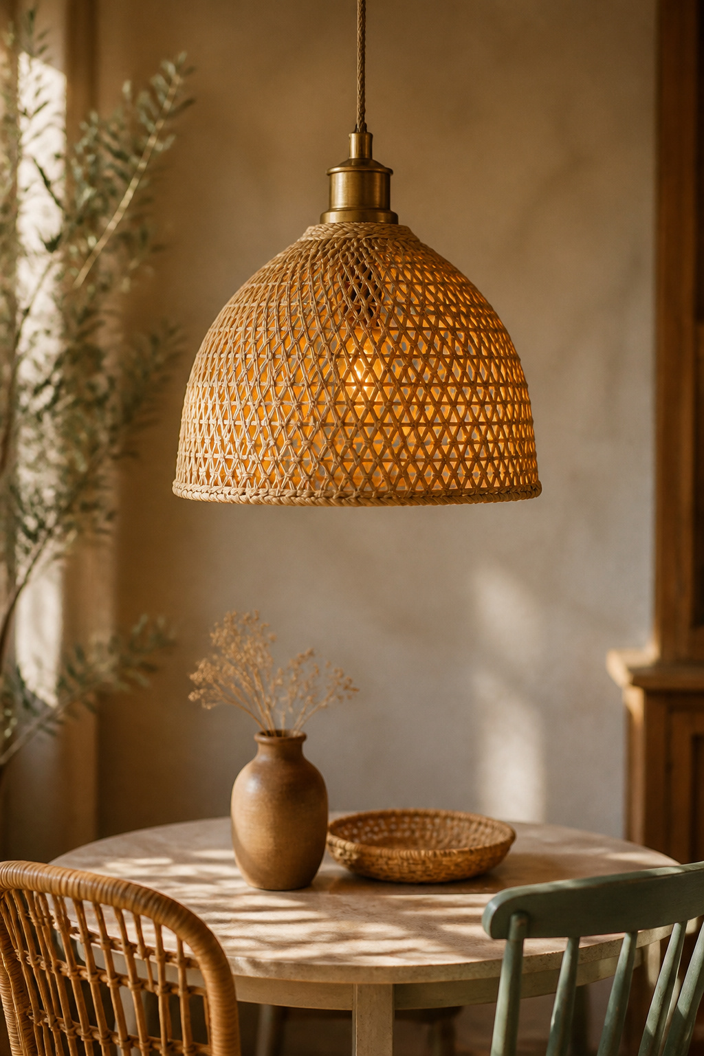 Small woven rattan pendant light scaled to a compact round dining table with two mismatched chairs