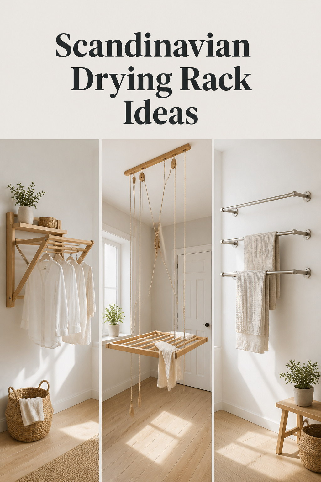 Three Scandinavian drying rack systems — wall fold-down, ceiling pulley airer, and wall rod — in clean Nordic laundry rooms