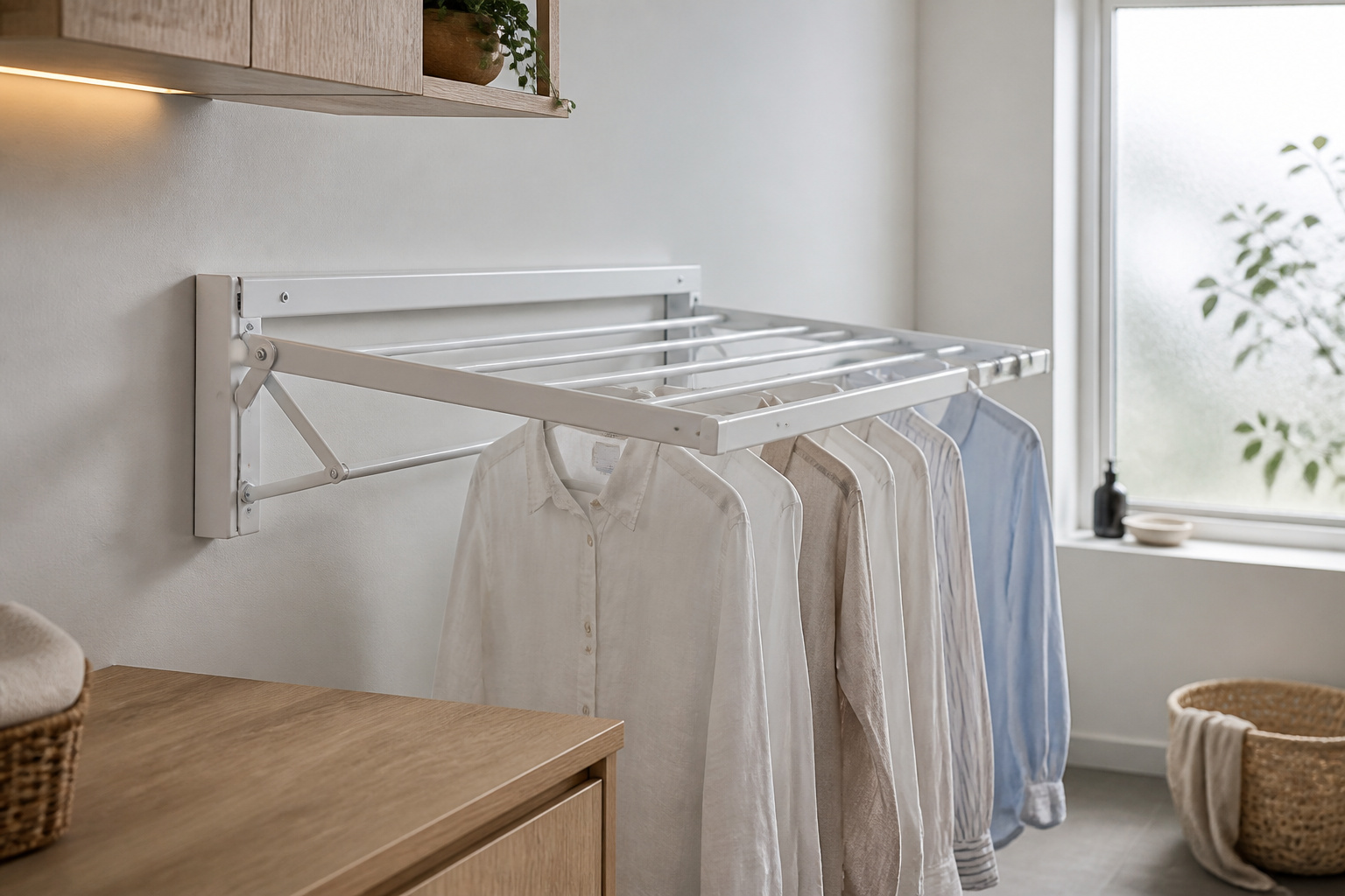 Wall-mounted fold-down drying rack extended in a white Scandinavian laundry room with light oak cabinets