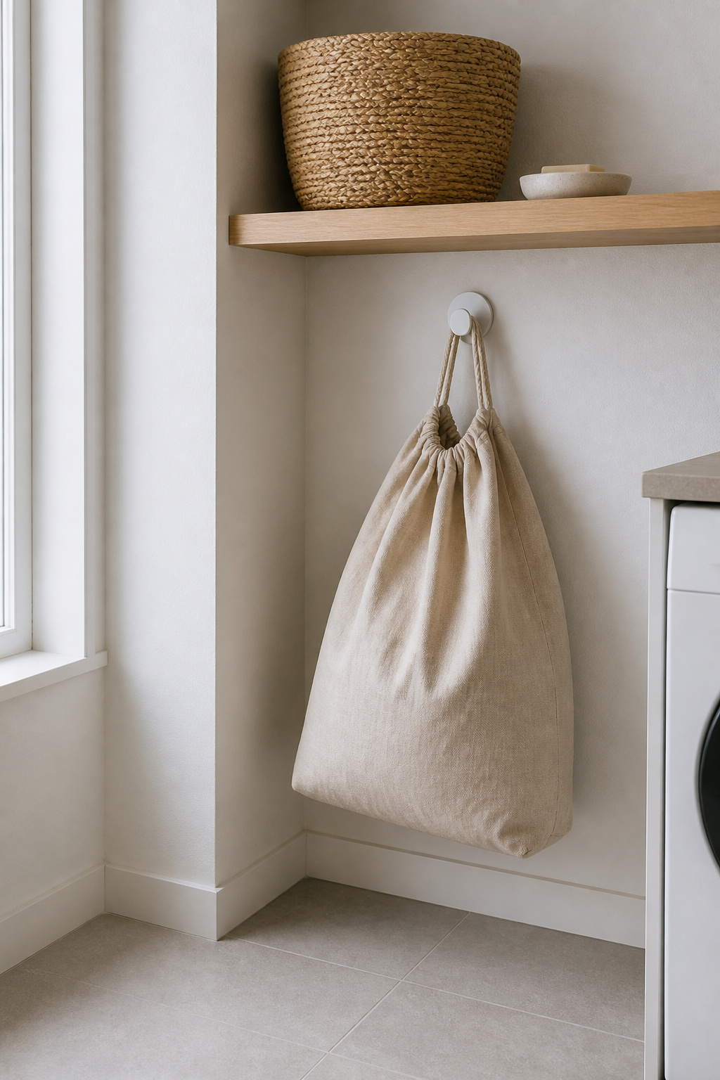 Scandinavian laundry room storage nook with seagrass basket and ceramic dish on pale oak shelf, linen hamper on wall hook and stone-look tile floor