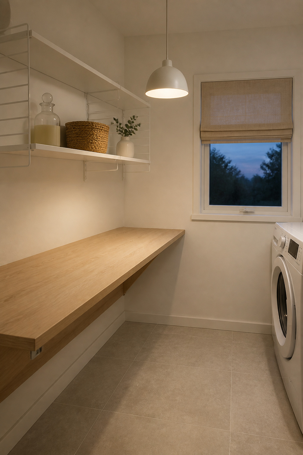 Finished Scandinavian laundry room at dusk showing warm pendant light over oak fold-down counter, white BOAXEL shelves with seagrass basket and eucalyptus, clear tile floor