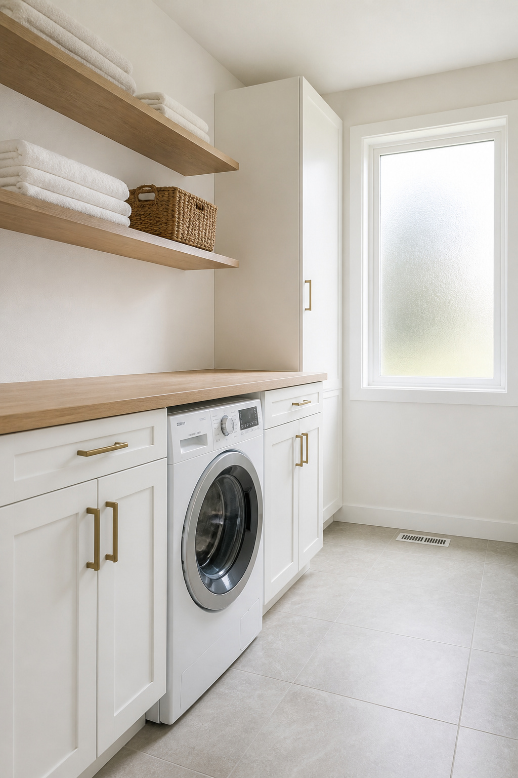 Bright Scandinavian laundry room with white walls, oak floating shelves, seagrass basket and stone-look tile floor, lit by soft natural light through a frosted window