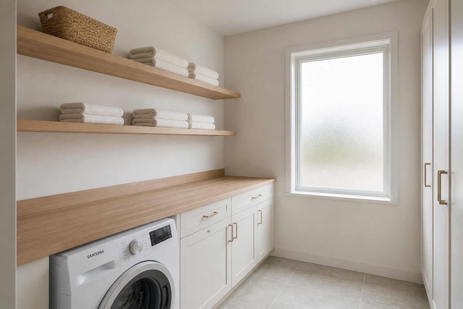 Bright Scandinavian laundry room with white walls, oak floating shelves, seagrass basket and stone-look tile floor, lit by soft natural light through a frosted window