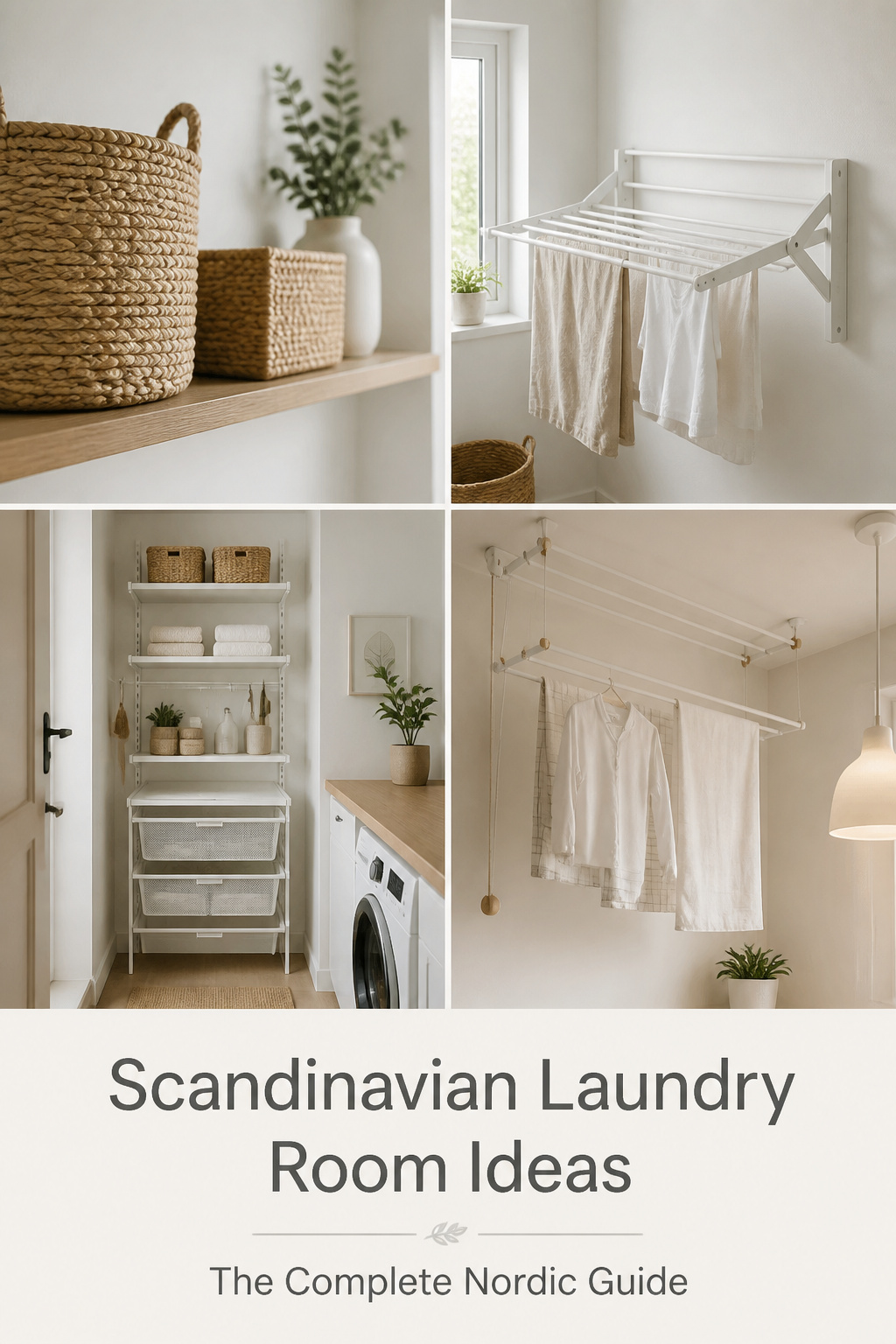 Four-panel Pinterest collage of Scandinavian laundry room ideas showing woven baskets on oak shelves, a fold-down drying rack, IKEA BOAXEL storage and a ceiling pulley airer