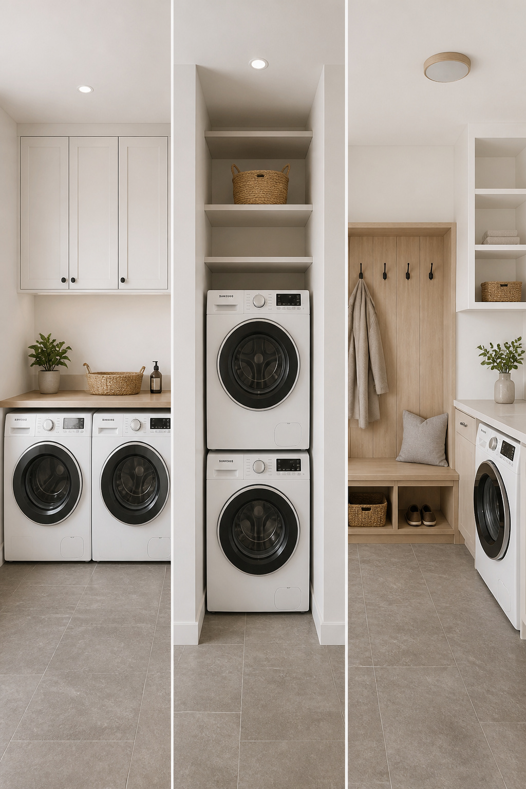 Three Scandinavian laundry layout options shown side by side: standalone utility room with side-by-side appliances, compact laundry closet with stacked washer-dryer, and Nordic mudroom-laundry combo