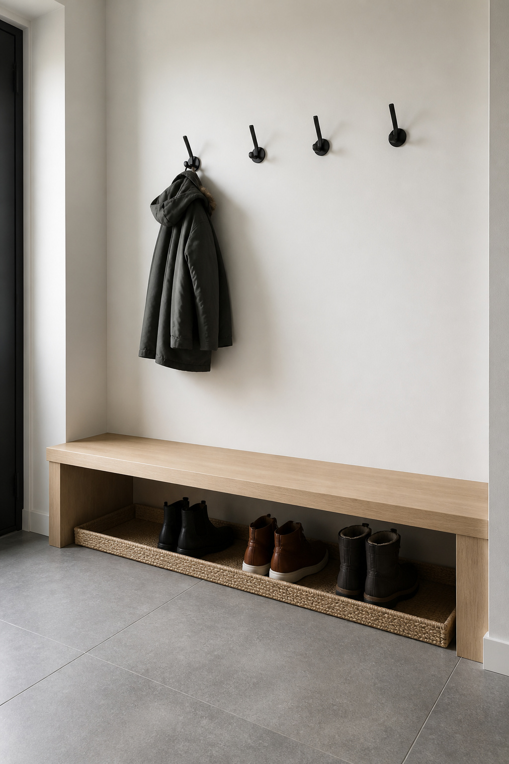 Scandinavian mudroom boot zone: pale oak bench at 18-inch seat height with open shoe storage below, four matte-black hooks at 62 inches above the floor, large-format matte grey porcelain tile floor