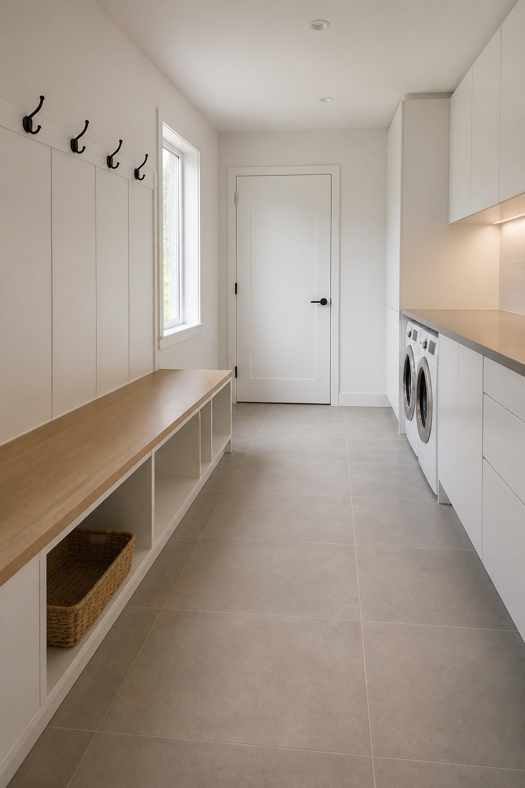 Scandinavian mudroom and laundry combo with pale oak bench, matte-black wall hooks, large-format grey porcelain tile floor running continuously to the washing machine zone, flat white cabinetry unifying both functions