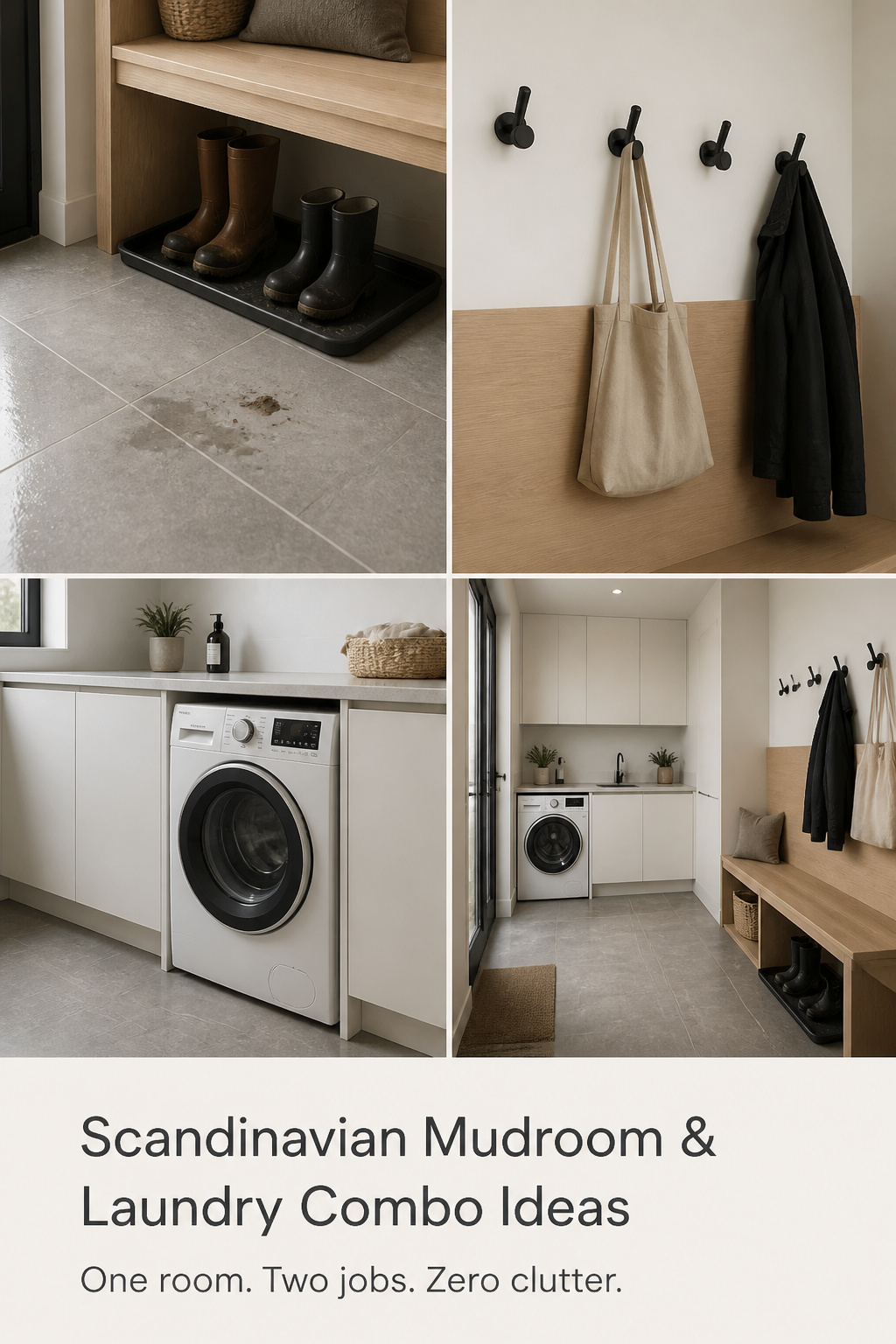 Four-panel Pinterest collage showing Scandinavian mudroom laundry combo: matte tile entry floor with oak bench, matte-black hooks on white wall, flush washer in white cabinetry, and wide L-plan layout view