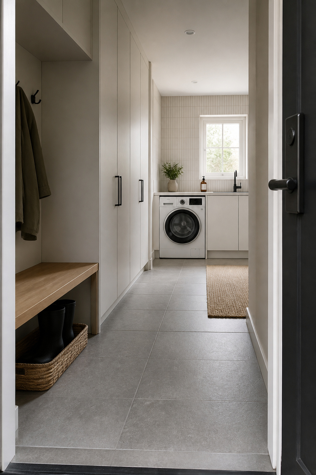 View from the entry threshold of a Scandinavian mudroom-laundry combo — grey porcelain tile, oak bench with boot tray, white cabinetry unifying both zones, white washing machine visible at the back wall