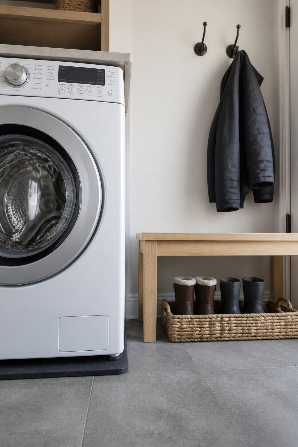 Two first-weekend improvements in a Scandinavian mudroom-laundry: anti-vibration mat visible under the washing machine feet against grey porcelain tile, and a woven seagrass boot tray under the oak bench with matte-black hooks above